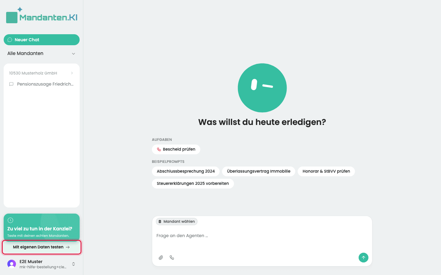Seitenleiste mit der Karte „Zu viel zu tun in der Kanzlei?“ und dem markierten Knopf „Mit eigenen Daten testen“
