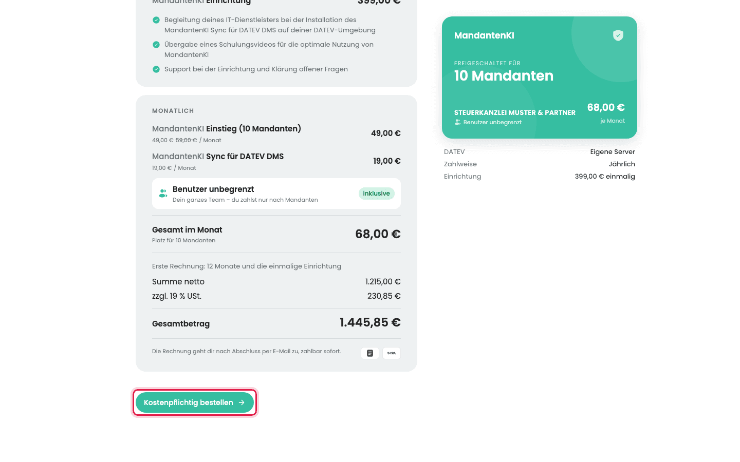 Schritt „Bestellung prüfen“ mit Positionen und Gesamtbetrag der ersten Rechnung, darunter der markierte Knopf „Kostenpflichtig bestellen“