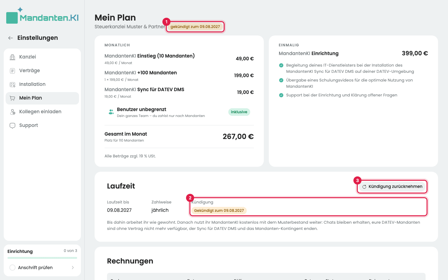 Mein Plan nach der Kündigung: „gekündigt zum …“ oben (1), „Gekündigt zum …“ in der Karte „Laufzeit“ (2) und der Knopf „Kündigung zurücknehmen“ (3)