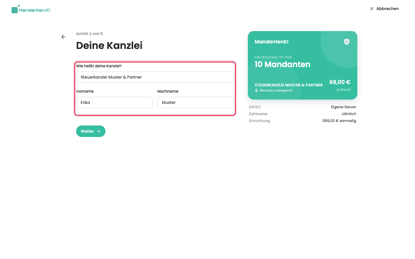 Schritt „Deine Kanzlei“ mit den markierten Feldern für Kanzleiname, Vorname und Nachname, rechts die Lizenzkarte
