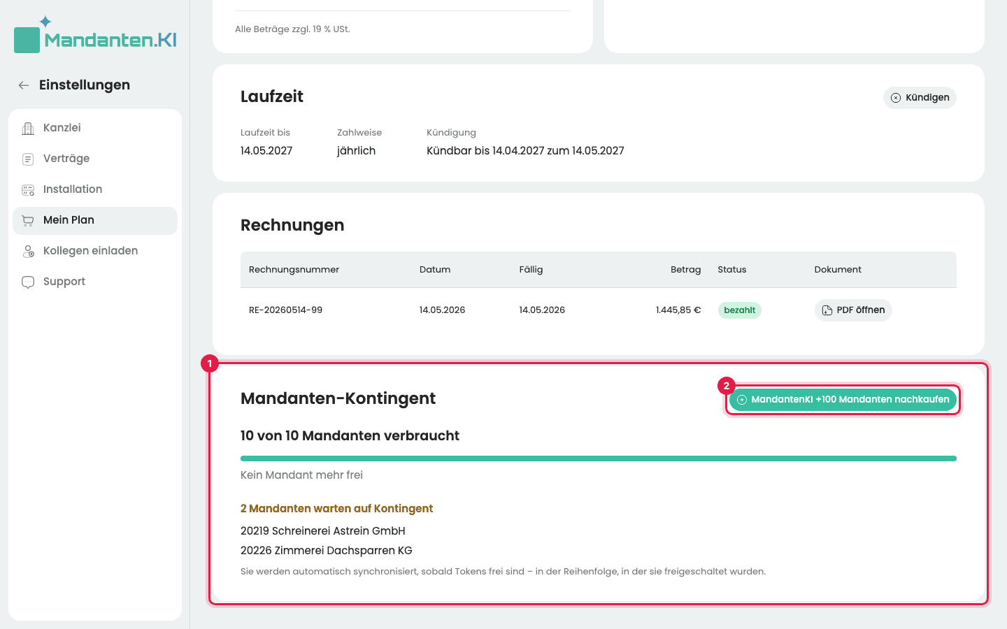 Mein Plan mit dem markierten Mandanten-Kontingent (1): 10 von 10 Mandanten verbraucht, zwei Mandanten warten auf Kontingent, dazu der markierte Knopf „MandantenKI +100 Mandanten nachkaufen“ (2)