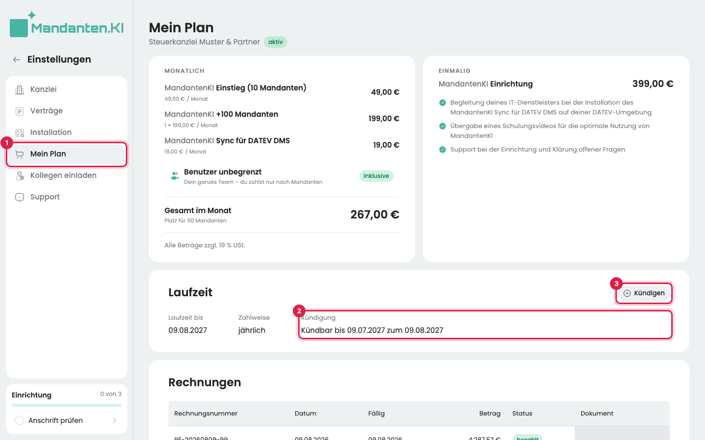 Mein Plan mit dem markierten Menüpunkt (1), der Kündigungsfrist (2) und dem Knopf „Kündigen“ in der Karte „Laufzeit“ (3)