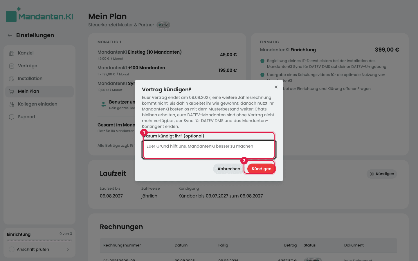 Dialog „Vertrag kündigen?“ mit dem markierten Feld für den Grund (1) und dem Knopf „Kündigen“ (2)