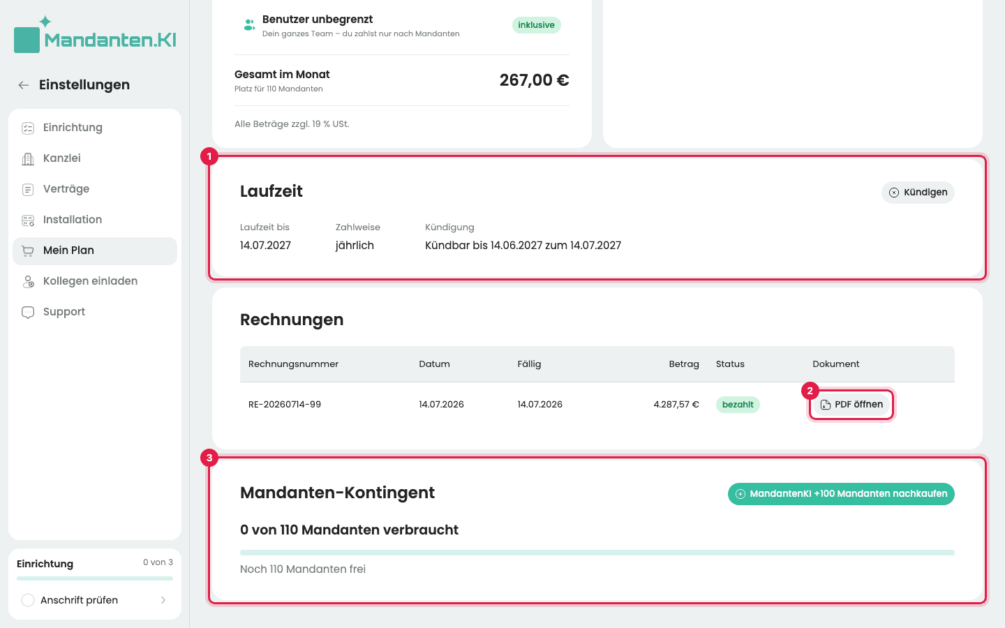 Mein Plan weiter unten mit der markierten Karte „Laufzeit“ (1), dem Knopf „PDF öffnen“ bei einer Rechnung (2) und dem Mandanten-Kontingent (3)