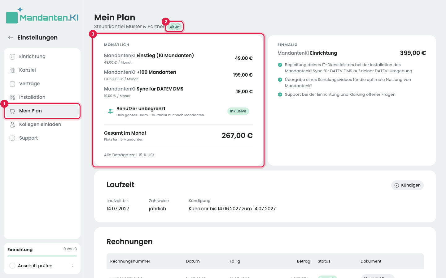 Mein Plan mit dem markierten Menüpunkt (1), dem Stand „aktiv“ (2) und den gebuchten Posten unter „Monatlich“ (3)
