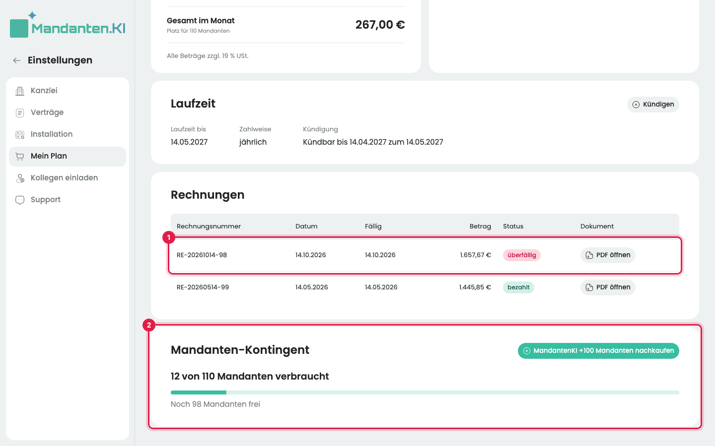 Mein Plan nach dem Nachkauf mit der markierten neuen Rechnung (1) und dem markierten Mandanten-Kontingent mit 12 von 110 Mandanten verbraucht (2)