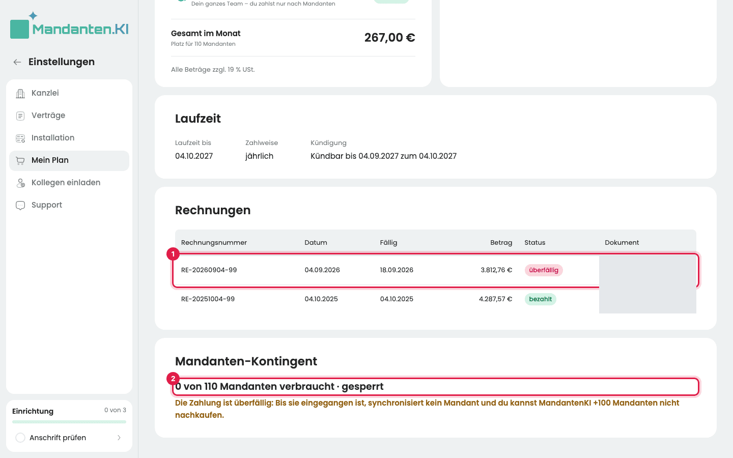 Offene Rechnung im Status „überfällig“ (1) und das gesperrte Mandanten-Kontingent (2), beide markiert