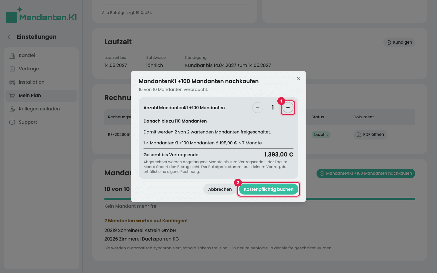 Dialog „MandantenKI +100 Mandanten nachkaufen“ mit dem markierten Knopf für ein Paket mehr (1) und dem markierten Knopf „Kostenpflichtig buchen“ (2)