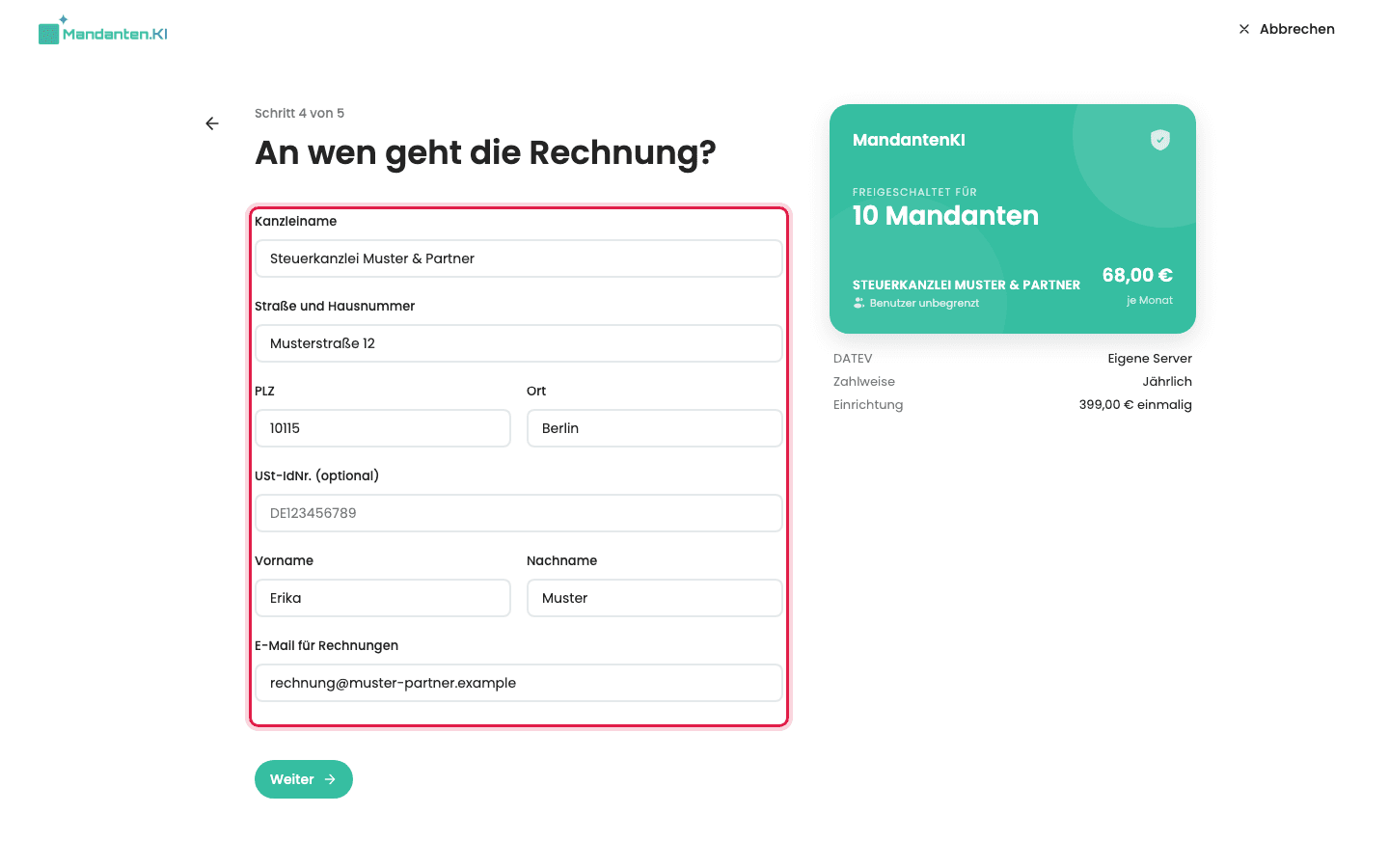 Schritt „An wen geht die Rechnung?“ mit den markierten, ausgefüllten Feldern der Rechnungsadresse