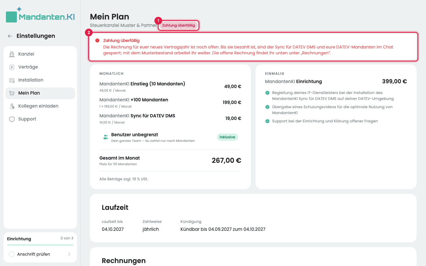 Mein Plan mit dem markierten Status „Zahlung überfällig“ (1) und dem Hinweis darunter (2)