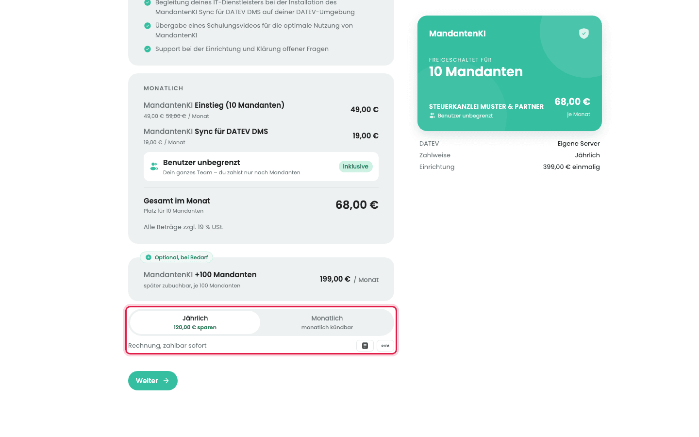 Schritt „Mandanten und Zahlweise“ mit den Preisen des Starterpakets und der markierten Wahl zwischen „Jährlich“ und „Monatlich“