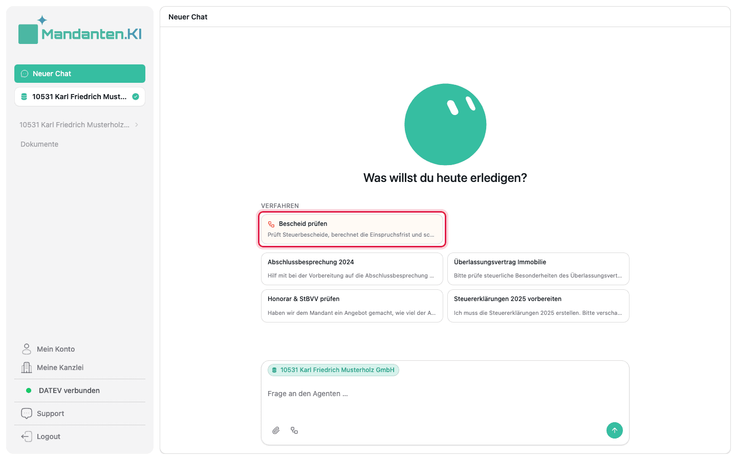 Leerer Chat mit der markierten Aufgabe „Bescheid prüfen“ unter „Aufgaben“
