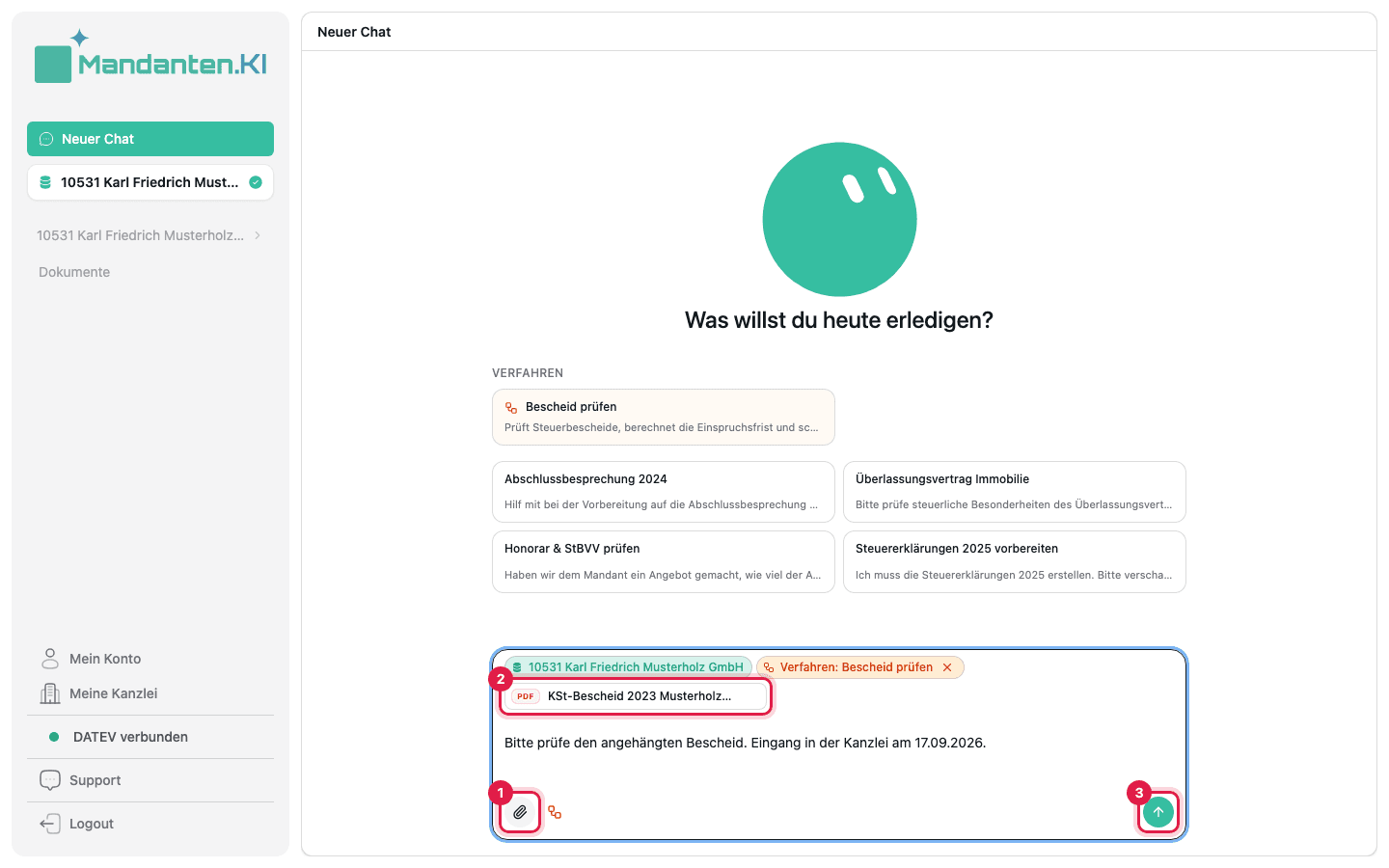 Eingabefeld mit der Aufgabe „Bescheid prüfen“, Büroklammer (1), angehängtem Bescheid (2) und Senden-Pfeil (3)