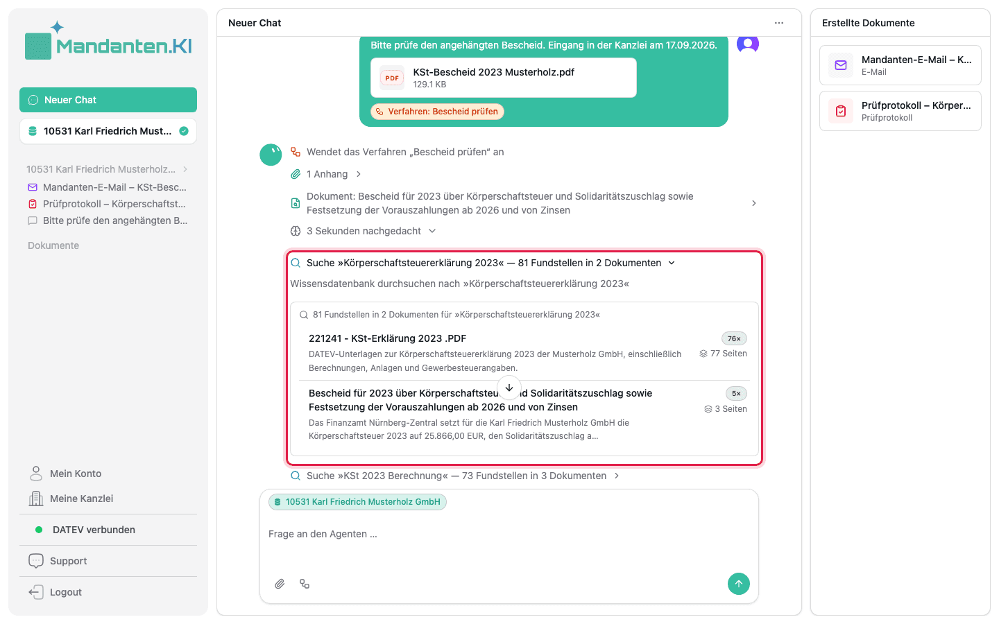 Aufgeklappte Suche im Chat: gefunden in der KSt-Erklärung 2023 aus dem DATEV DMS