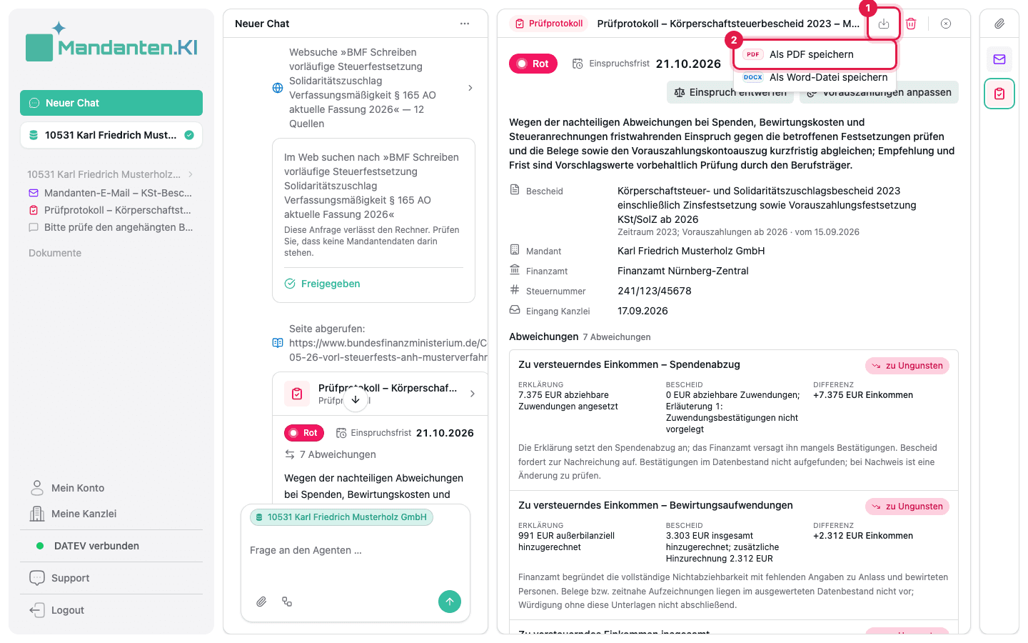 Download-Symbol (1) und der Eintrag „Als PDF speichern“ (2), beide markiert