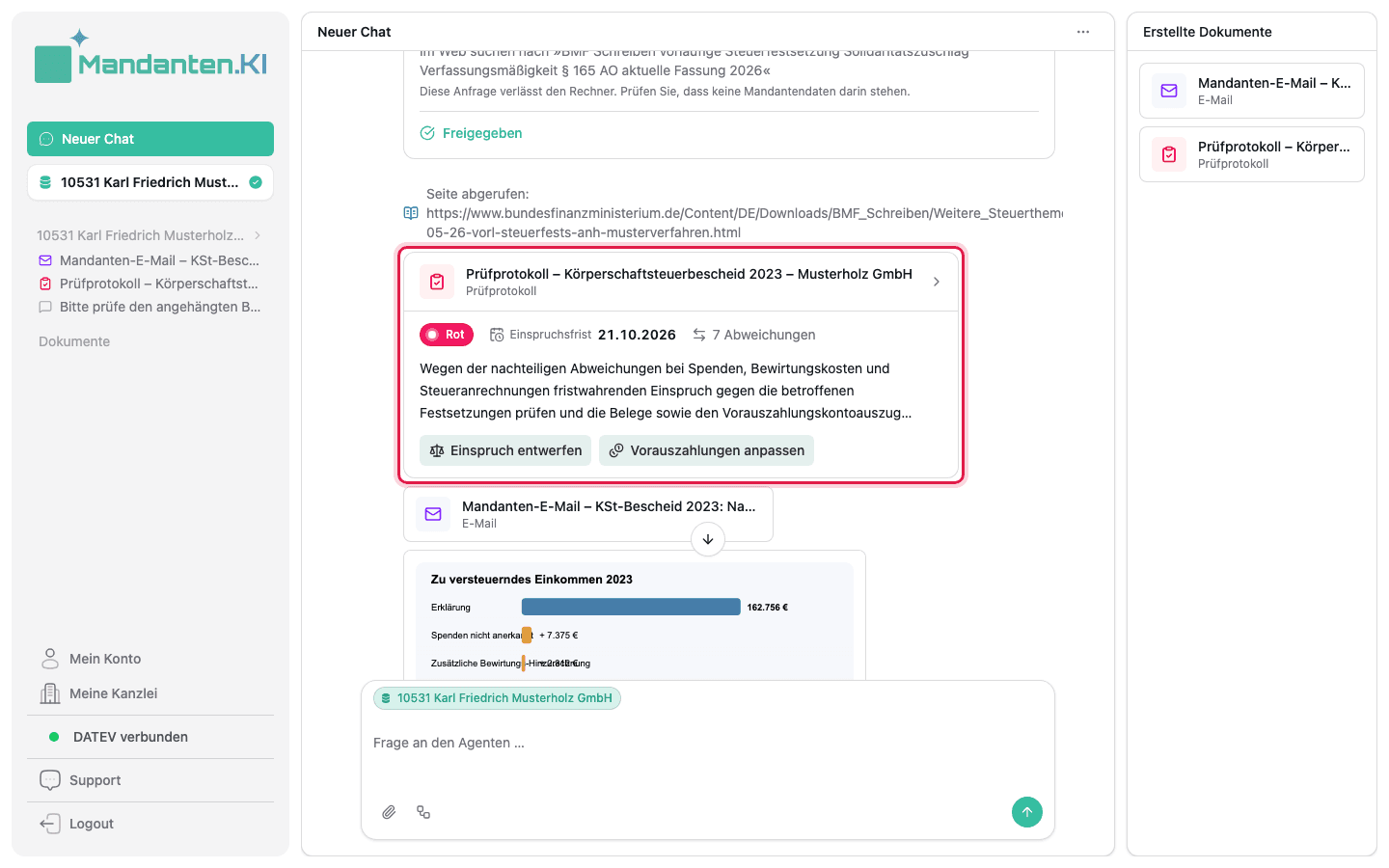 Markierte Karte „Prüfprotokoll“ im Chat mit Ampel, Einspruchsfrist, Abweichungen und Empfehlung