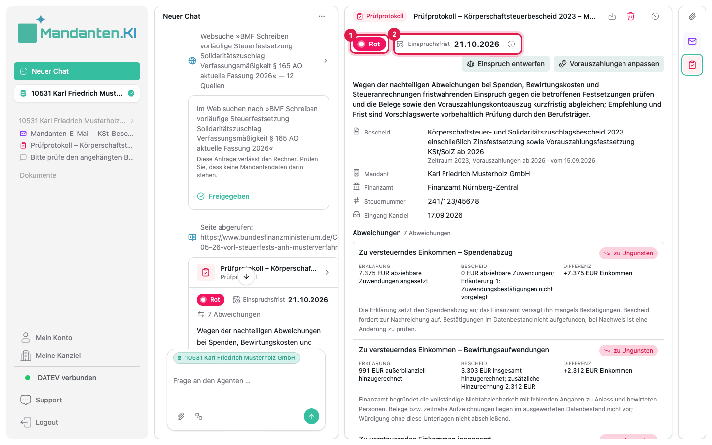 Geöffnetes Prüfprotokoll mit Ampel (1) und Einspruchsfrist (2), darunter die Abweichungen