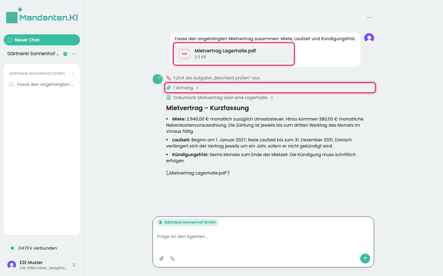 Chat mit der markierten Datei an der eigenen Nachricht, der markierten Zeile „1 Anhang“ und der Antwort darunter