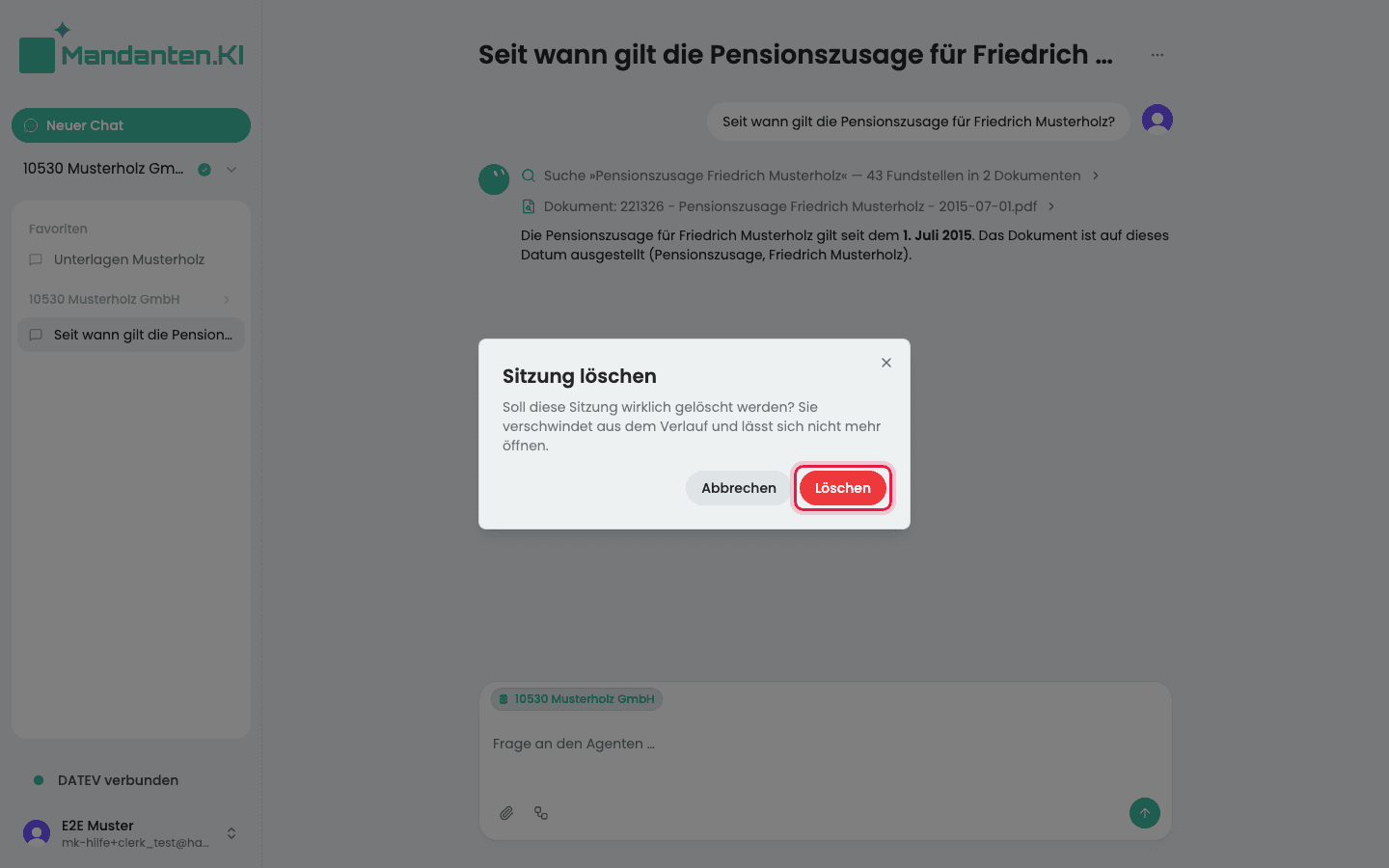 Dialog „Sitzung löschen“ mit dem markierten Knopf „Löschen“