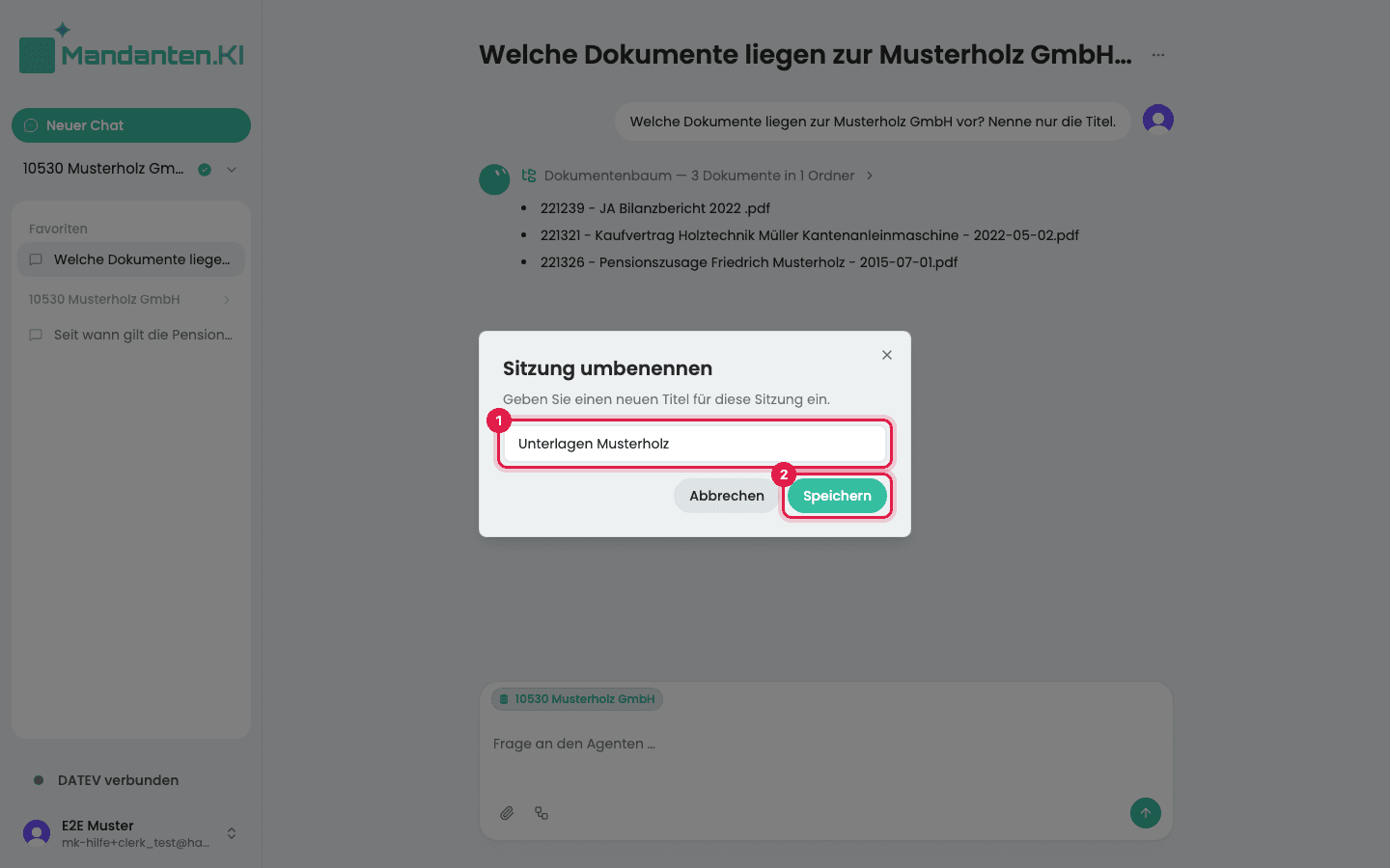 Dialog „Sitzung umbenennen“ mit dem neuen Titel im Feld (1) und dem Knopf „Speichern“ (2)