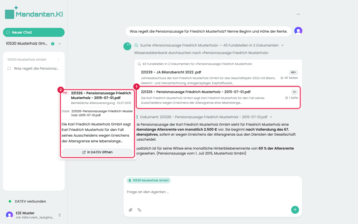 Liste der gefundenen Dokumente mit dem angeklickten Dokument (1) und seiner Karte daneben (2)