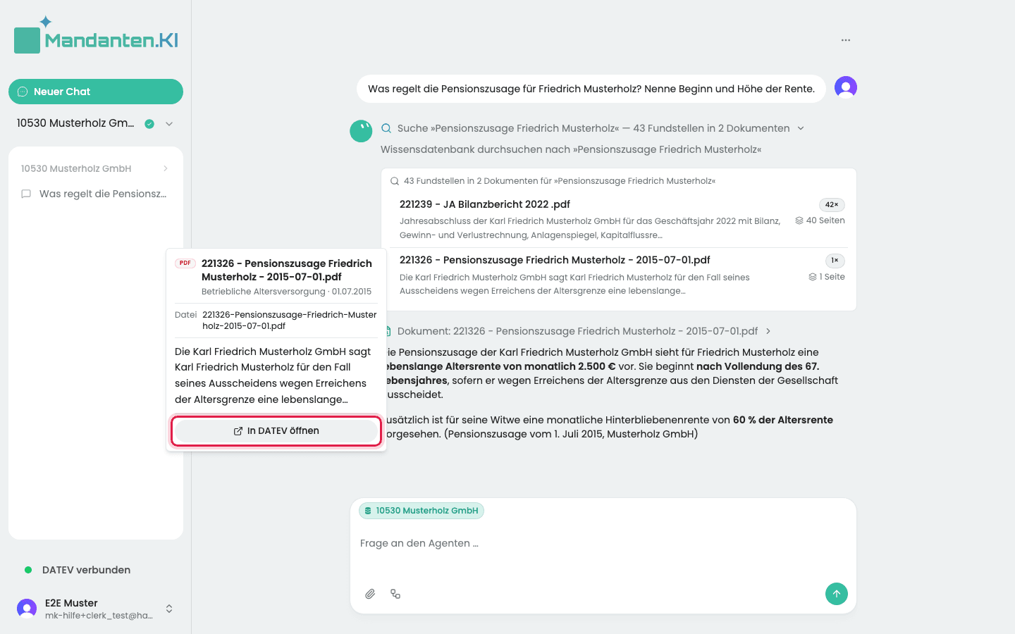 Karte des Dokuments mit dem markierten Knopf „In DATEV öffnen“