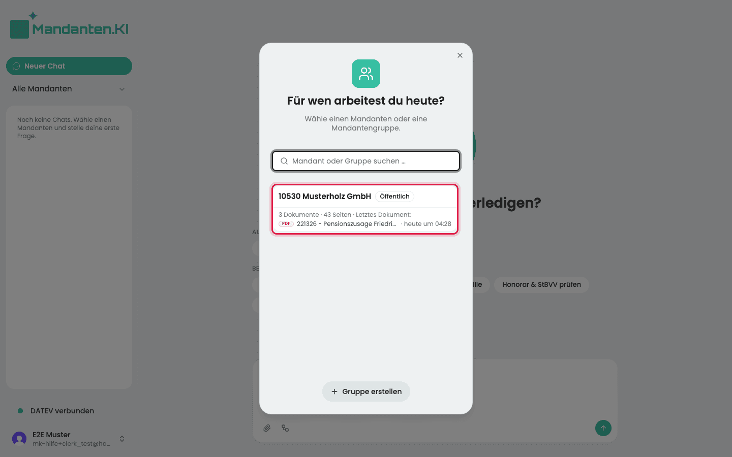 Mandantenwahl „Für wen arbeitest du heute?“ mit der markierten Musterholz GmbH
