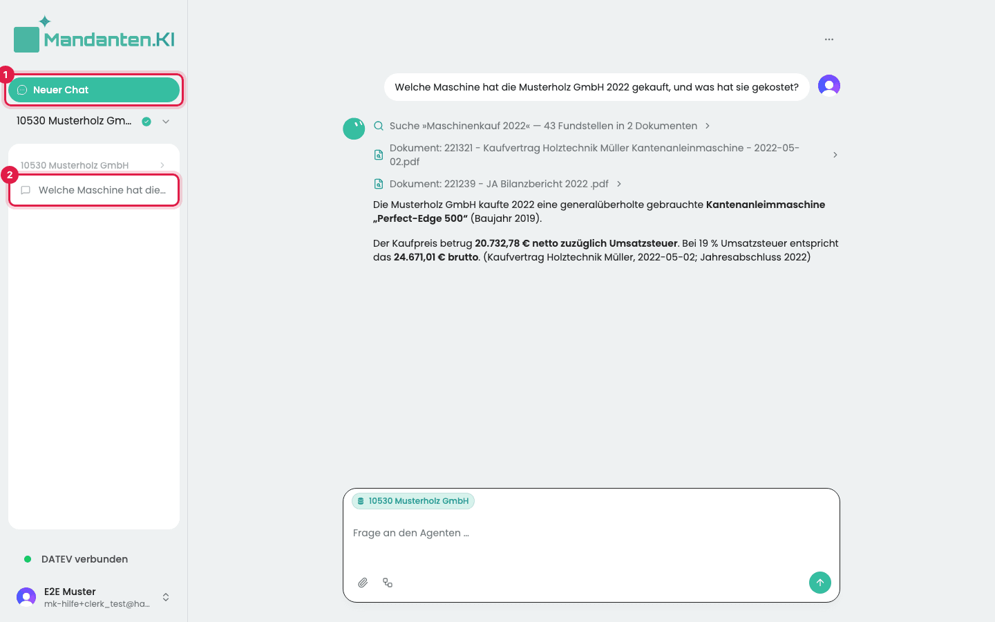 Seitenleiste mit dem Knopf „Neuer Chat“ (1) und dem bisherigen Chat unter dem Mandanten (2)