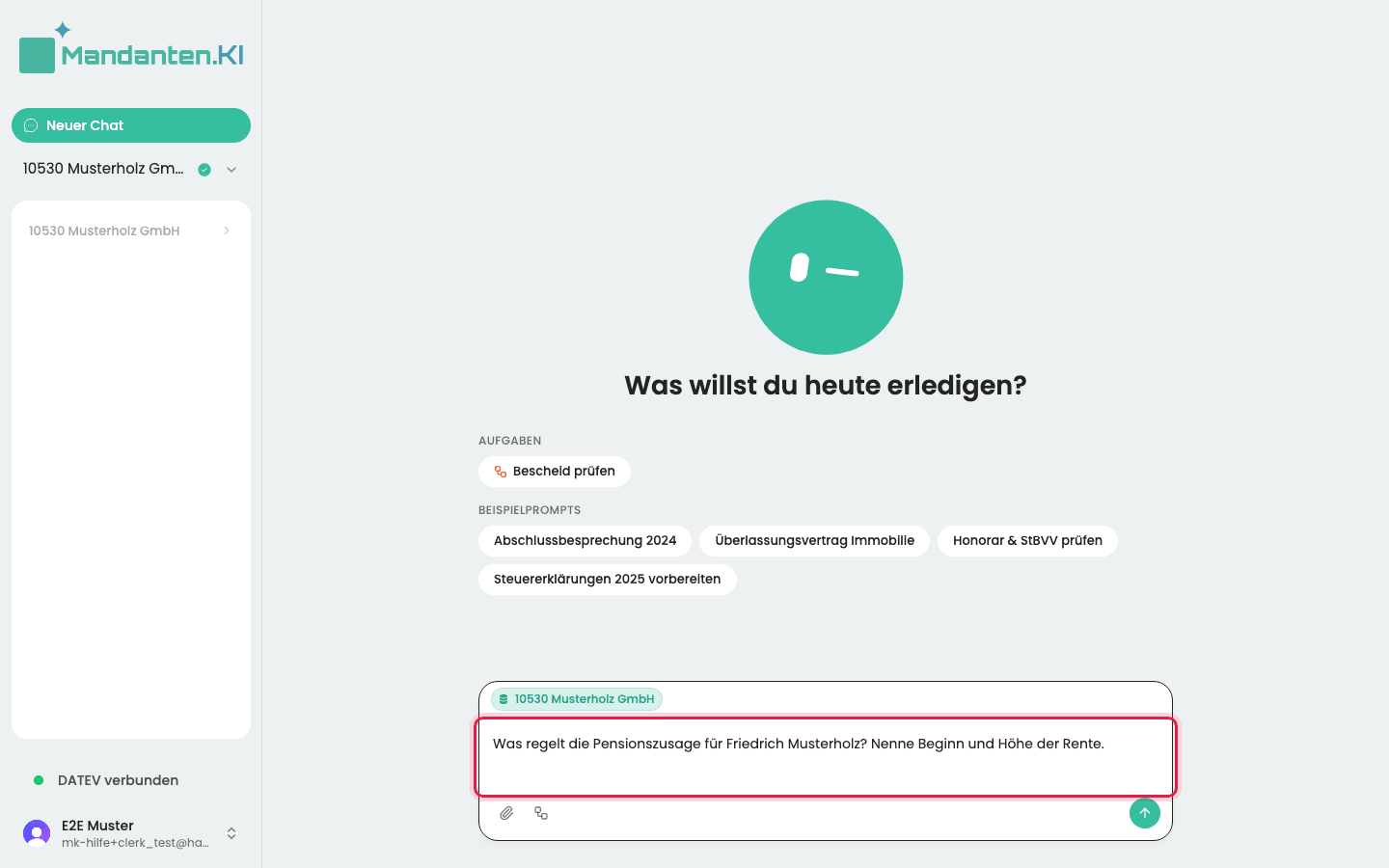 Eingabefeld im Chat mit der markierten Frage zur Pensionszusage