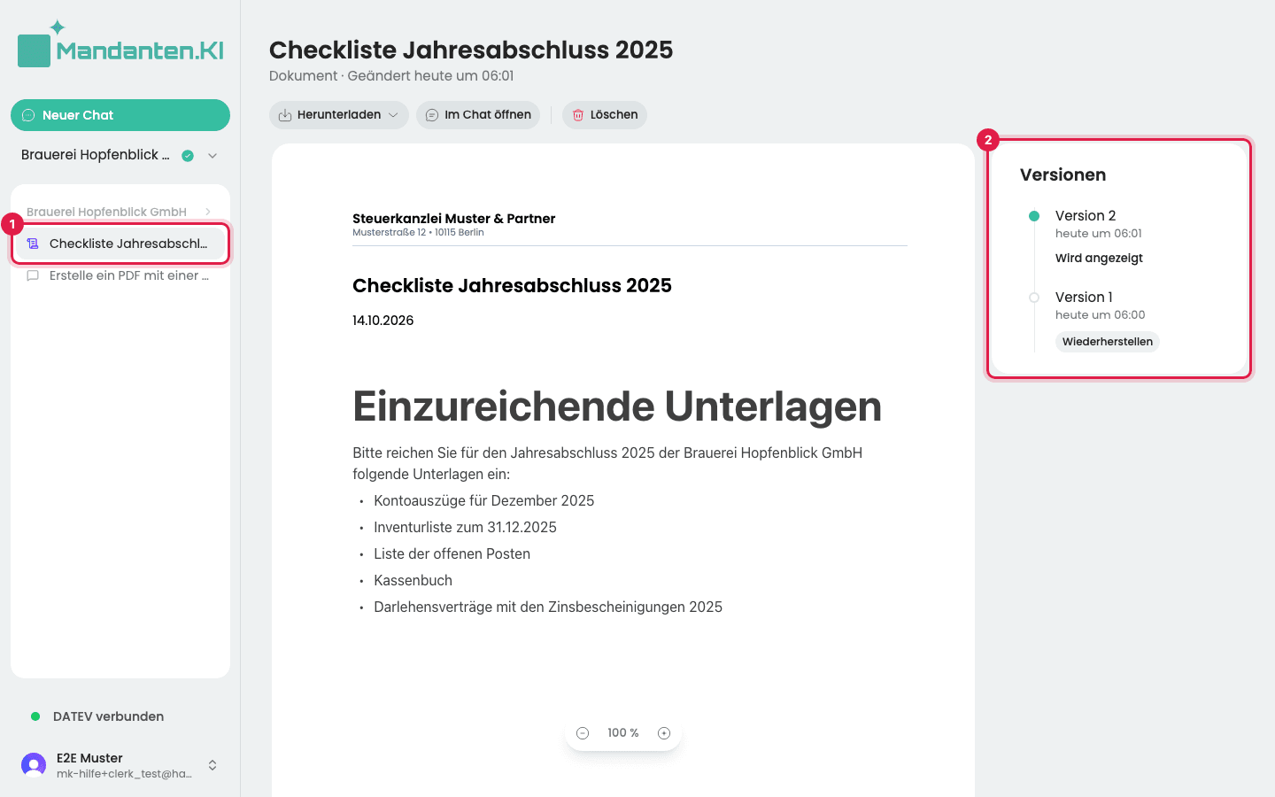 Seite des Dokuments mit dem markierten Eintrag in der Seitenleiste (1) und der markierten Liste „Versionen“ (2)