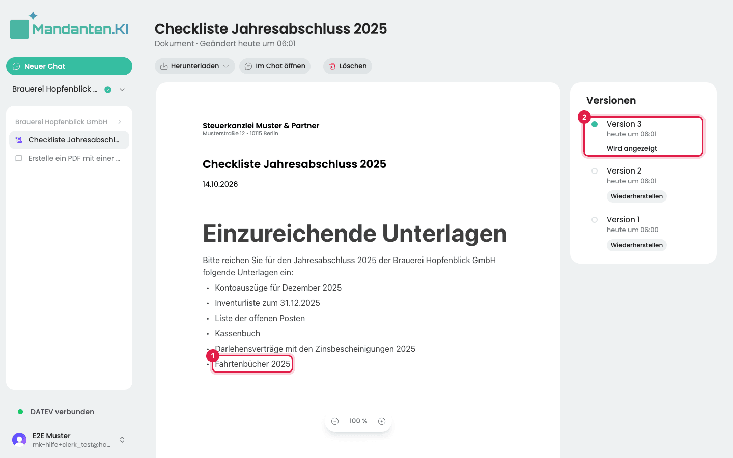 Dokument mit der von Hand ergänzten Zeile (1) und der neuen Version 3 oben in der Liste (2), beide markiert