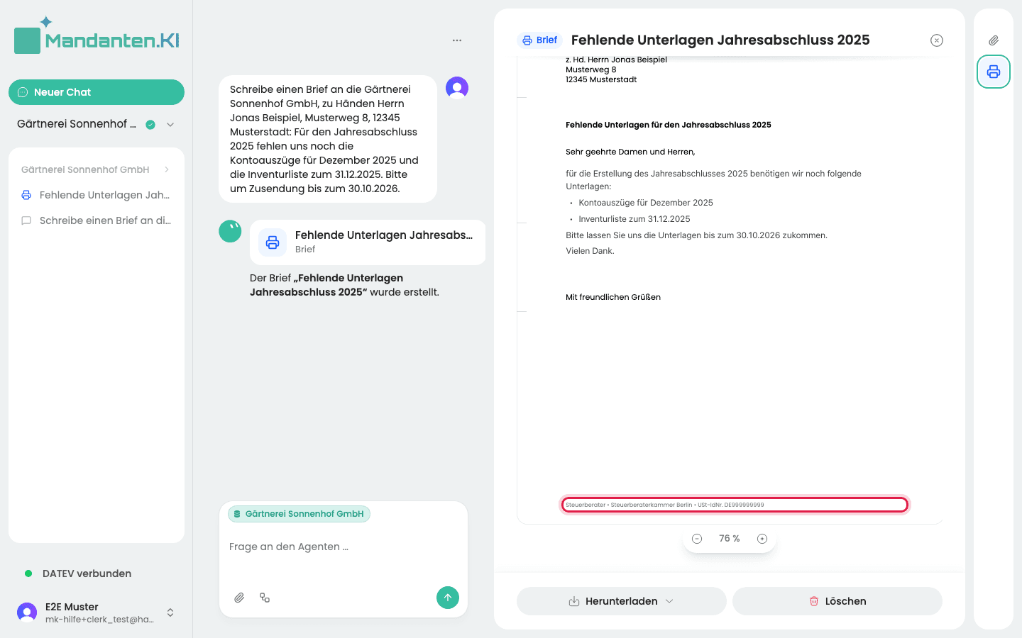 Unteres Ende des Briefs mit der markierten Fußzeile der Kanzlei