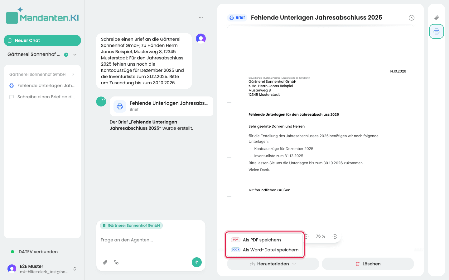 Geöffnetes Menü über dem Knopf „Herunterladen“ mit den markierten Einträgen „Als PDF speichern“ und „Als Word-Datei speichern“