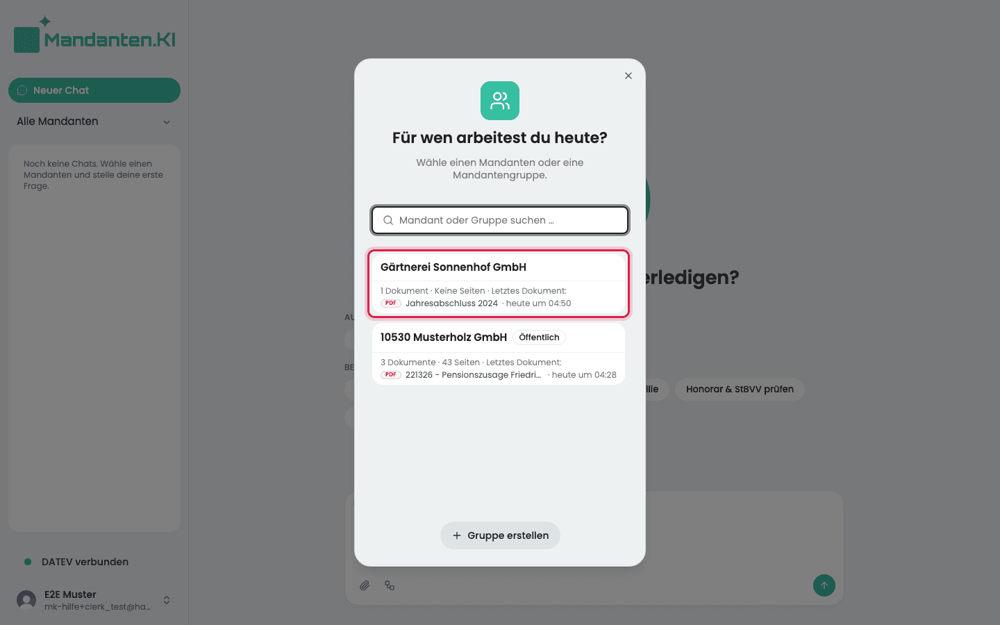 Mandantenwahl „Für wen arbeitest du heute?“ mit markiertem Mandanten