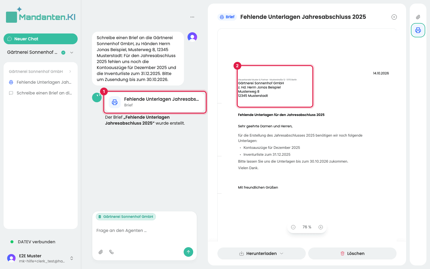 Chat mit der markierten Karte „Brief“ (1), rechts das Blatt mit dem markierten Anschriftfeld (2)