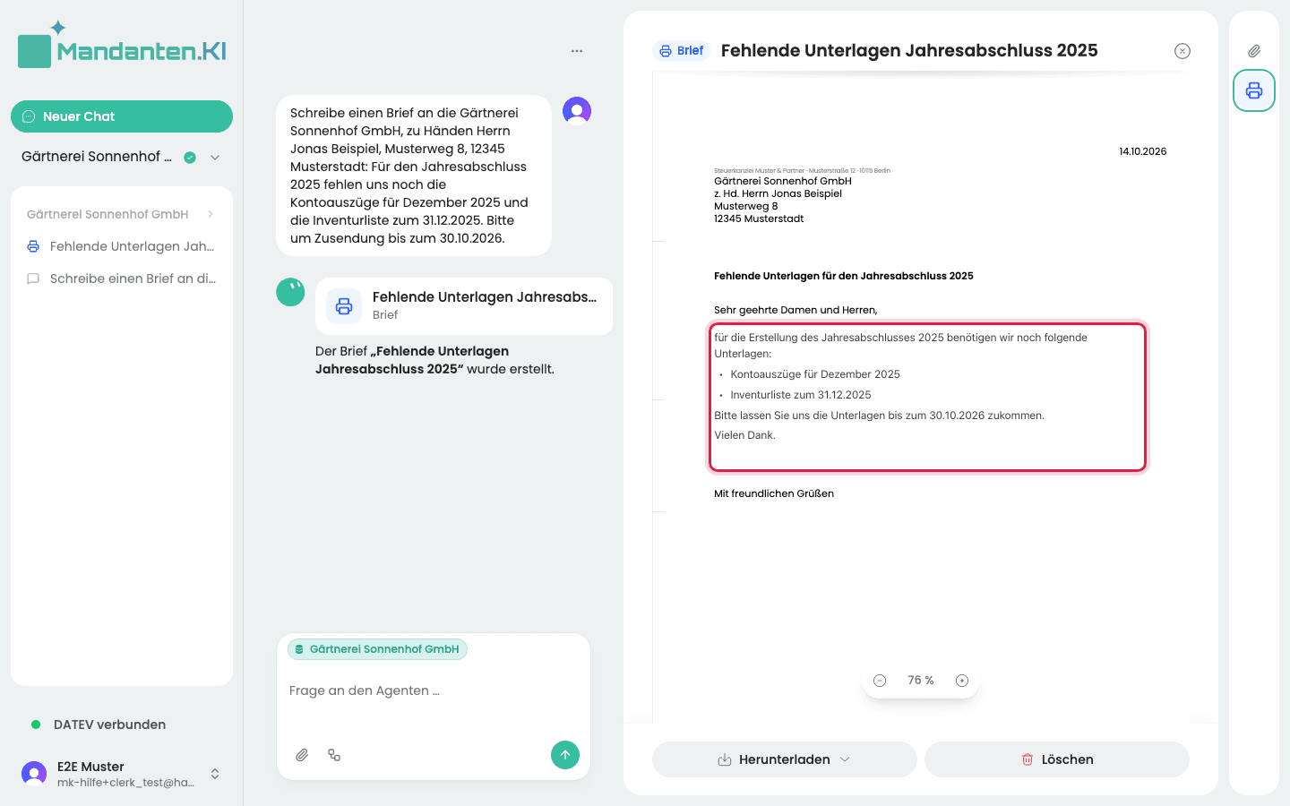 Brief im A4-Blatt mit dem markierten Text zwischen Anrede und Gruß