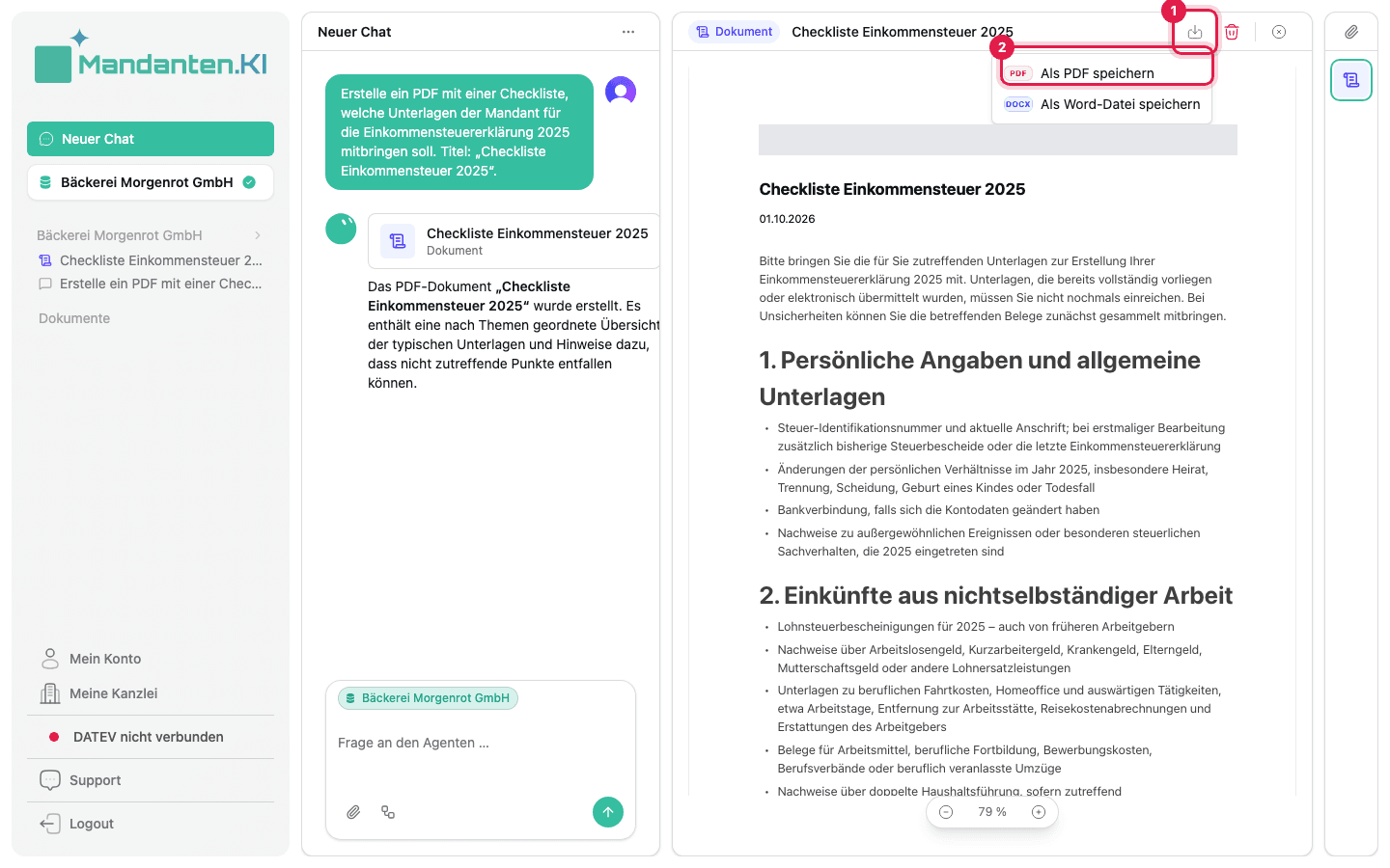 Download-Symbol (1) und der Eintrag „Als PDF speichern“ (2), beide markiert
