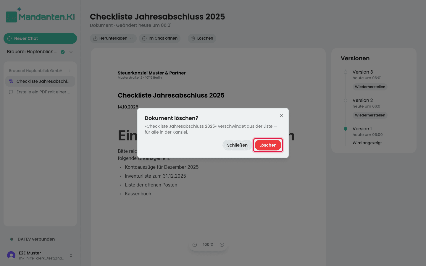 Fenster „Dokument löschen?“ mit dem markierten Knopf „Löschen“