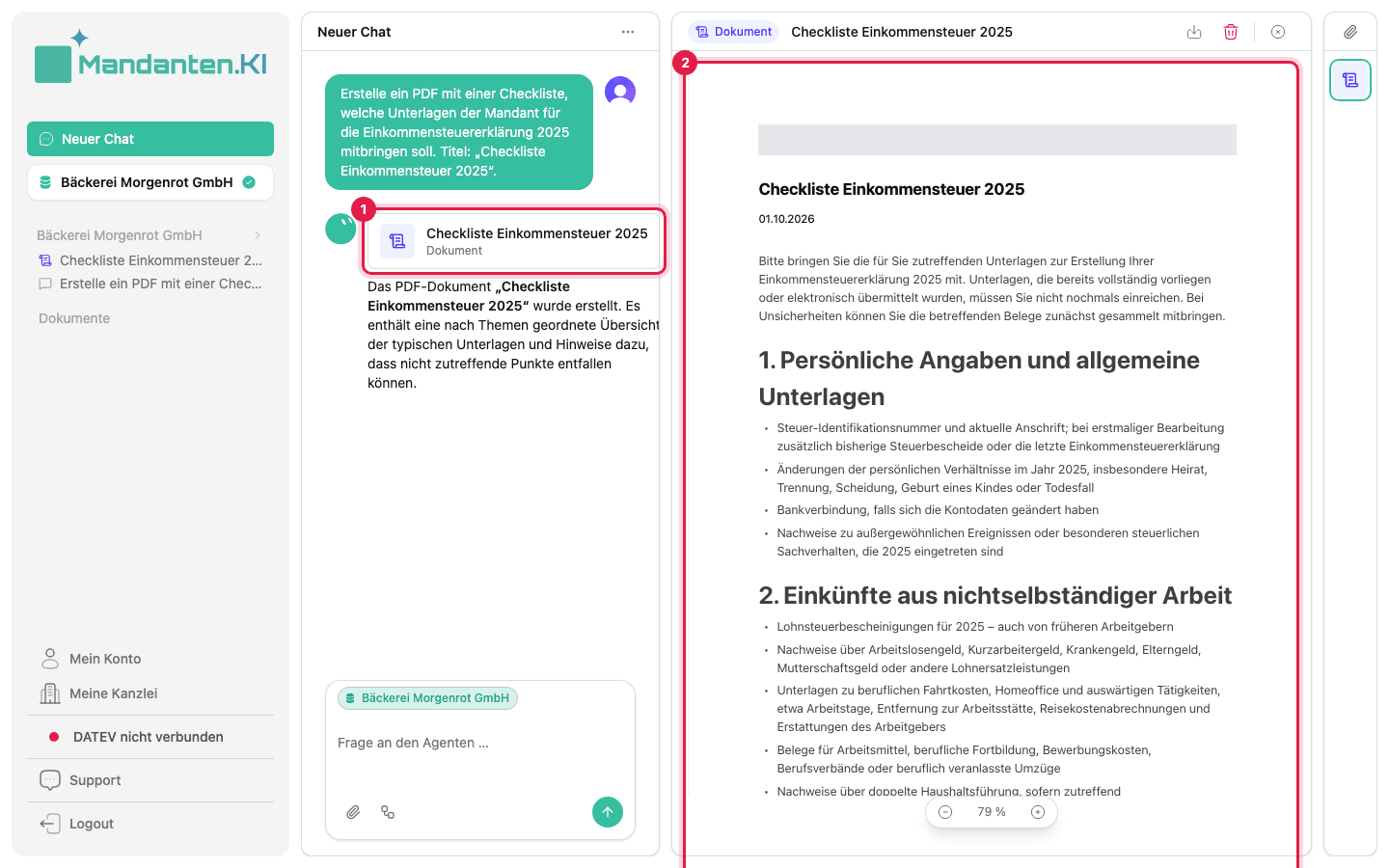 Chat mit der markierten Karte „Dokument“ (1), rechts das geöffnete Blatt (2)