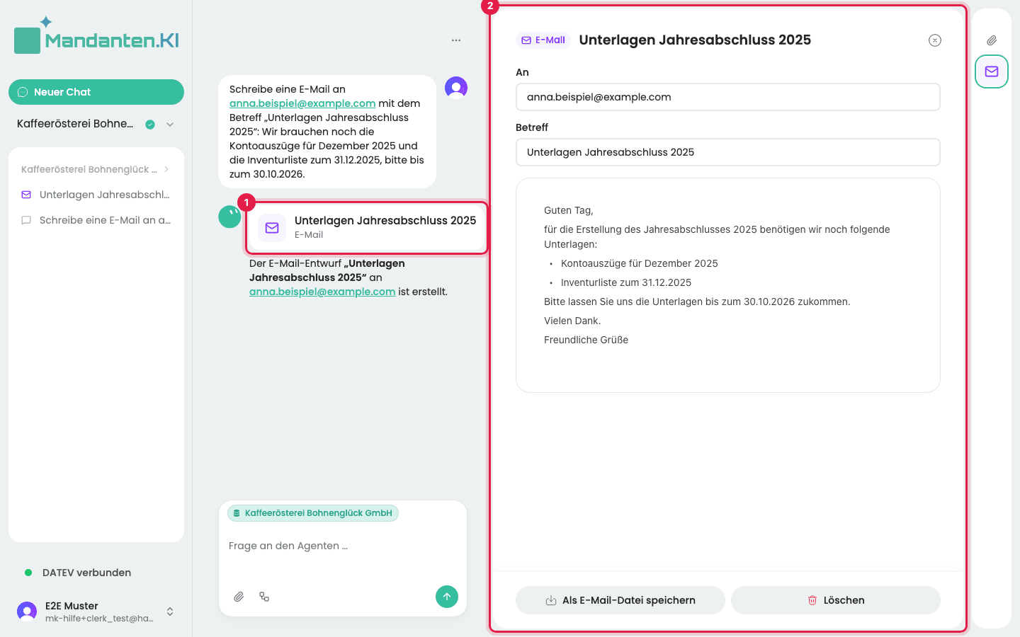 Chat mit der markierten Karte „E-Mail“ (1), rechts die geöffnete E-Mail mit An, Betreff und Text (2)
