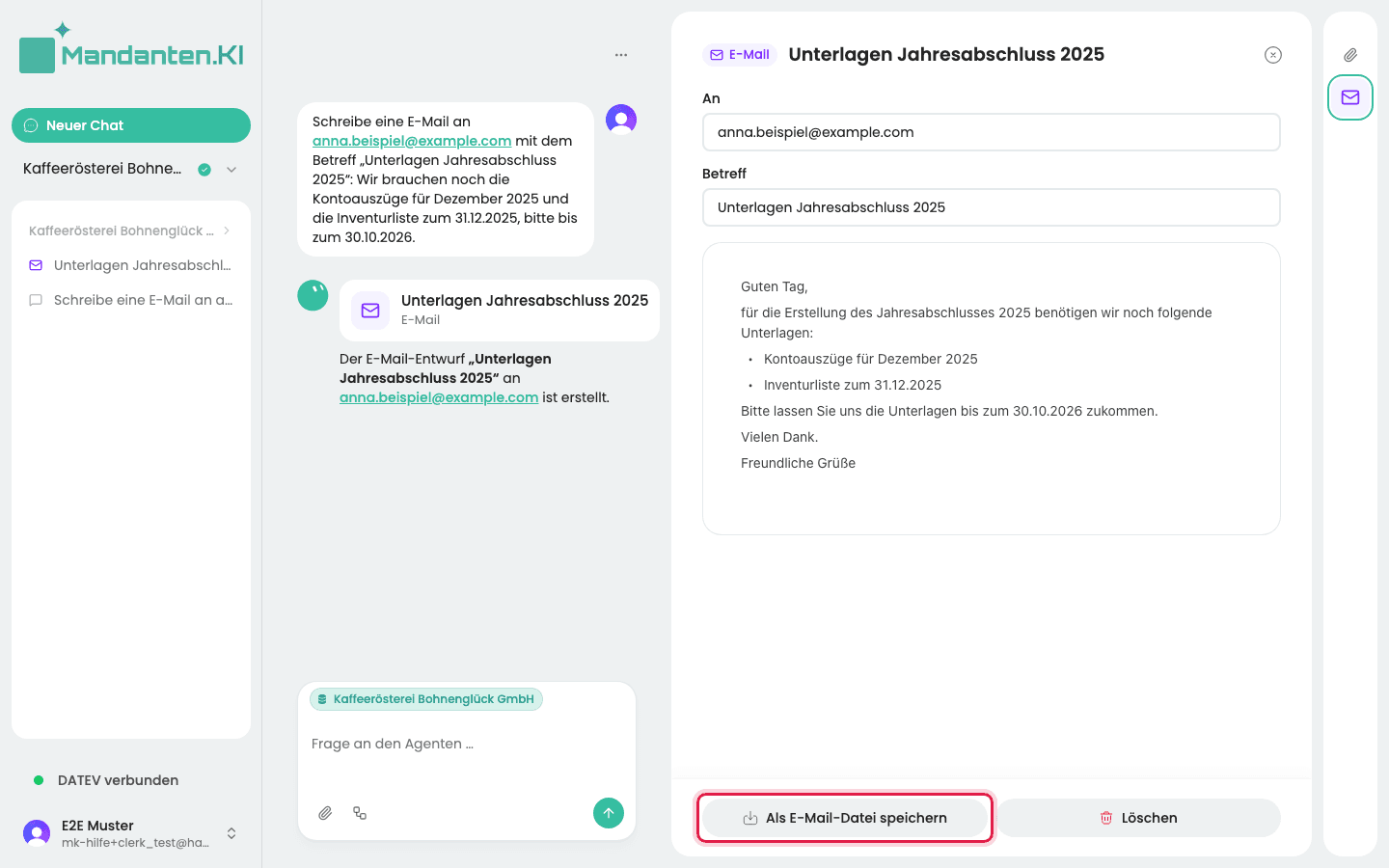 Geöffnete E-Mail mit dem markierten Knopf „Als E-Mail-Datei speichern“