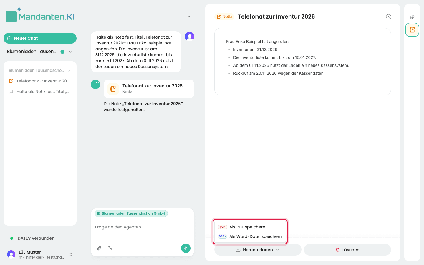 Geöffnetes Menü über dem Knopf „Herunterladen“ mit den markierten Einträgen „Als PDF speichern“ und „Als Word-Datei speichern“