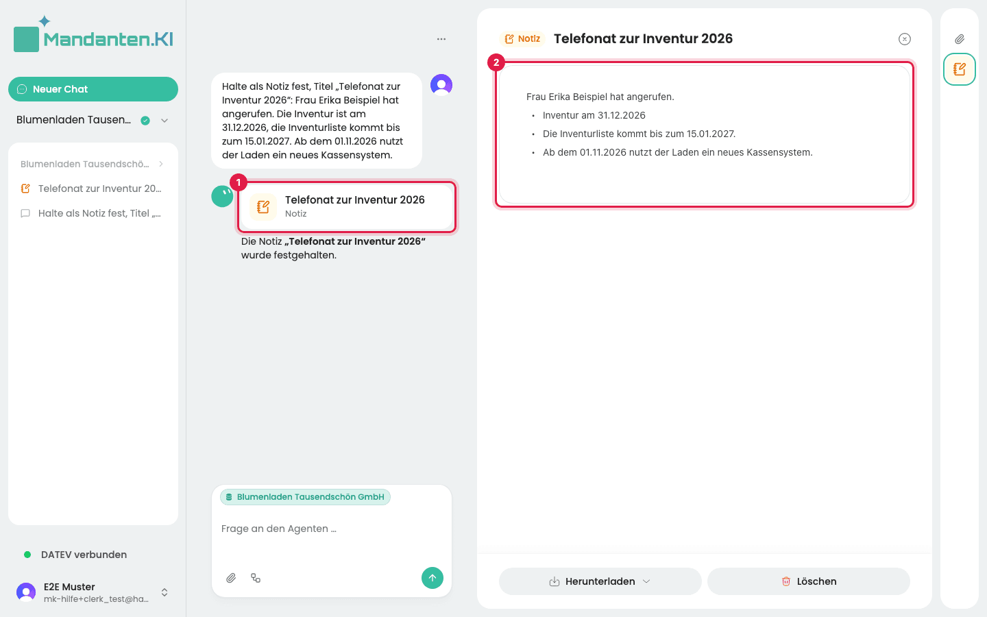 Chat mit der markierten Karte „Notiz“ (1), rechts der markierte Text der Notiz (2)