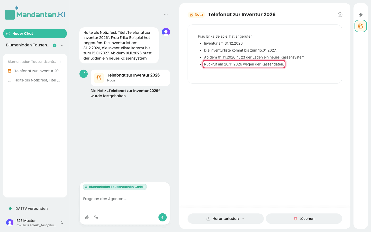Notiz mit der markierten Zeile „Rückruf am 20.11.2026 wegen der Kassendaten.“, die von Hand dazugekommen ist