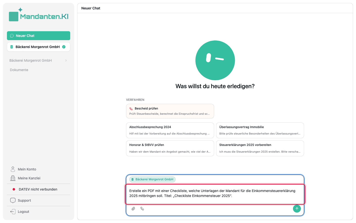 Eingabefeld des Chats mit dem markierten Satz „Erstelle ein PDF …“
