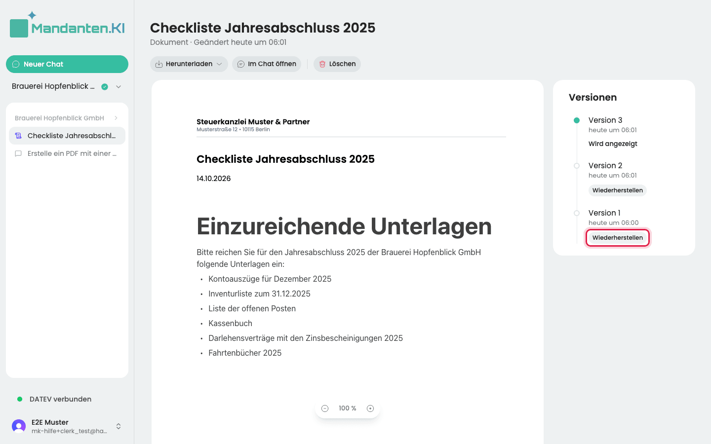 Liste „Versionen“ mit dem markierten Knopf „Wiederherstellen“ bei Version 1