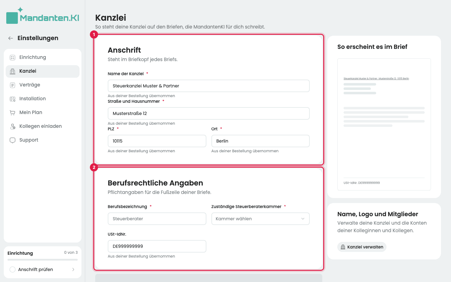 Seite „Kanzlei“ mit der Anschrift aus der Bestellung (1) und den noch leeren berufsrechtlichen Angaben (2)