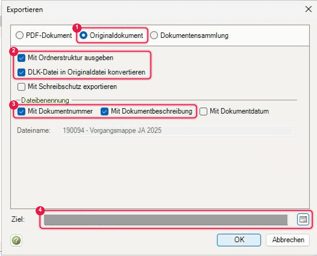 Dialog „Exportieren“ mit „Originaldokument“ (1), „Mit Ordnerstruktur ausgeben“ und „DLK-Datei in Originaldatei konvertieren“ (2), „Mit Dokumentnummer“ und „Mit Dokumentbeschreibung“ (3) und dem Zielordner (4)
