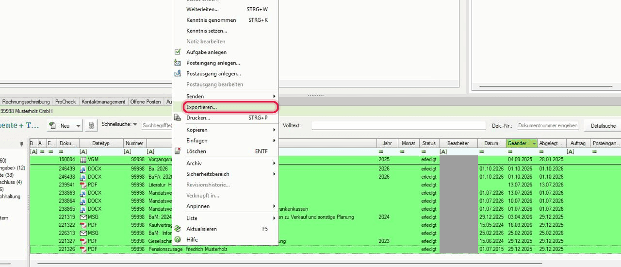 Dokumentliste des Mandanten „99998 Musterholz GmbH“ im DATEV DMS, im Kontextmenü der markierte Eintrag „Exportieren…“