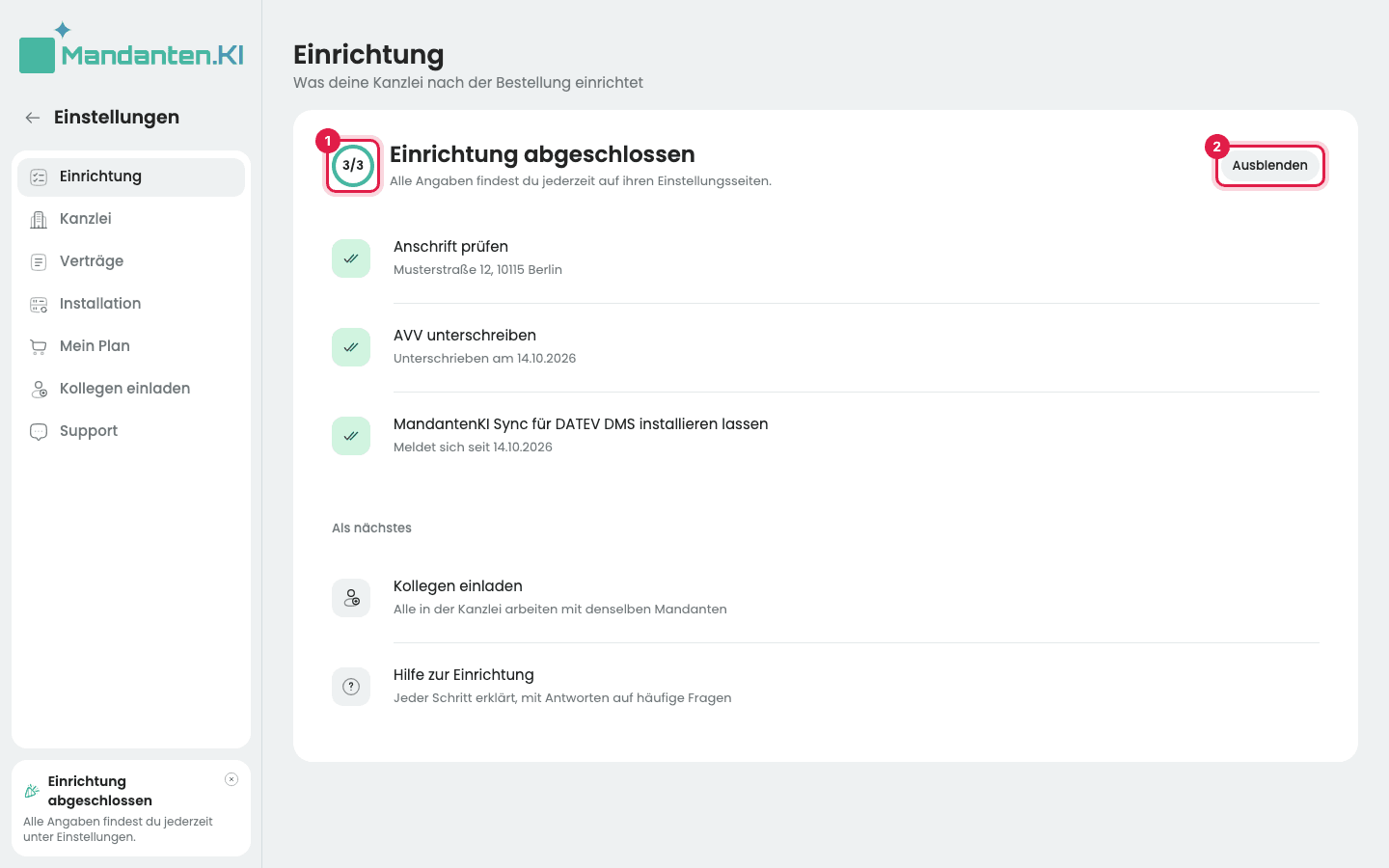 Seite „Einrichtung“ mit dem Ring „3/3“ (1), der Überschrift „Einrichtung abgeschlossen“ und dem Knopf „Ausblenden“ (2)